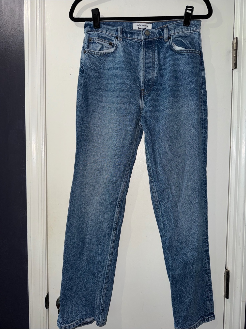 Reformation High-Rise Straight-Leg, Button Fly Jeans in Classic Blue Wash